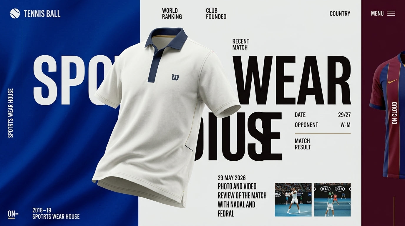 A promotional graphic for Wilson Sports Wear House featuring a white polo shirt with a navy collar and chest logo, set against a split blue and white design with sports-themed text and match details.